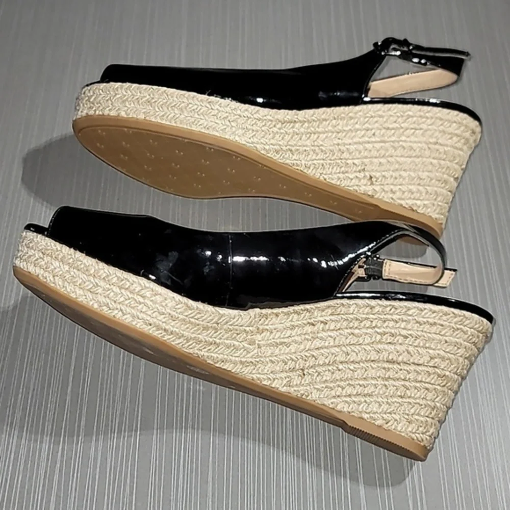 ANTONIO MELANI Sleak Black Peep Toe Rope Wedge Heels Women's 8.5 NWOT‎
